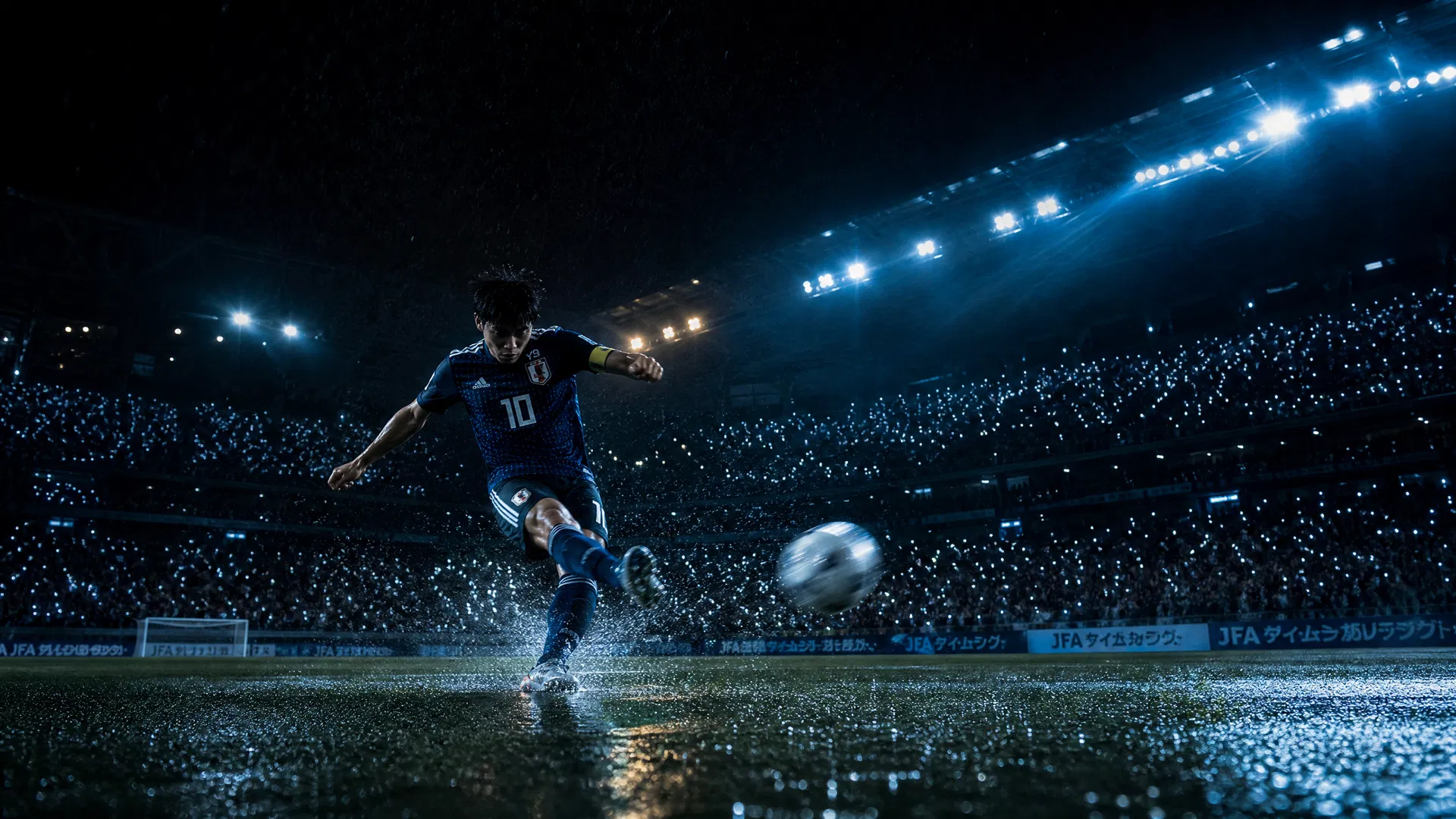 日本代表選手、深夜の雨に濡れたピッチでシュートを放つ